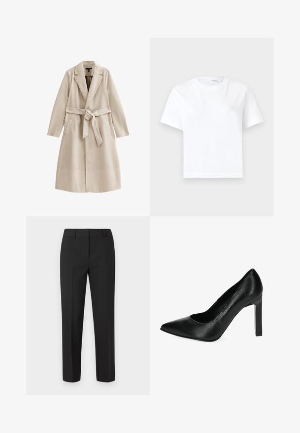 Beige uldblandingsfrakke med bælte i taljen, klapkraver og to frontlommer. Stoffet har en glat tekstur og en ustruktureret silhuet.; Hvid kortærmet bomuld t-shirt med rund halsudskæring og lige kant, vist på en hvid baggrund.; Sorte skræddersyede bukser med lige ben, flad front og uden synlige pyntedetaljer. Fremstillet af et glat stof med en skarp finish.; Sort højhælet pumpe lavet af struktureret syntetisk materiale, med spids tå, udskæringsdesign og en høj blokhæl.