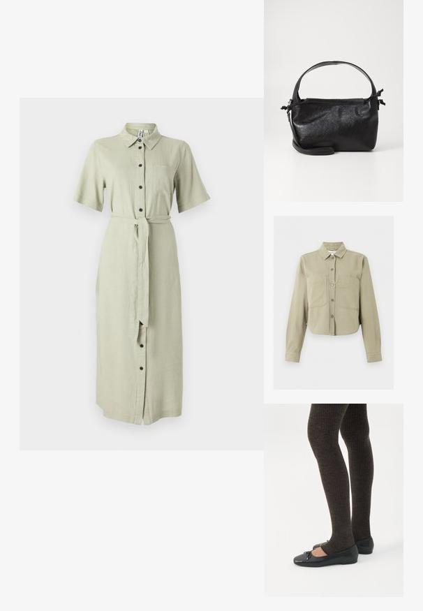 Beige cropped jakke med lange ærmer, krave, knapper foran og to store brystlommer på ensfarvet baggrund.; Grøn skjortekjole i linned med korte ærmer, krave, forreste knapper, en brystlomme og et matchende bælte om taljen.; Ben iført mørke ribbede leggings kombineret med sorte balletsko med små sløjfedetaljer på hvid baggrund.; Sort læderhåndtaske med et struktureret design, rund tophåndtag og aftagelig skulderrem. Den har en glat tekstur og en subtil glans.