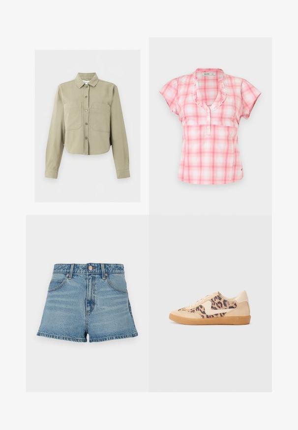 Veste beige raccourcie à manches longues, col, boutons sur le devant et deux grandes poches poitrine sur un fond uni.; Blouse à manches courtes à carreaux rose et blanc avec col en V volanté et devant à trois boutons, arborant une étiquette de la marque Hollister à l'intérieur du col.; Shorts en denim bleu clair avec taille haute, ourlet effiloché, surpiqûres contrastantes et poches avant. Comprend un bouton en métal et une étiquette de marque.; Baskets en imprimé léopard avec tige en suède beige, semelle en caoutchouc tan et accents blancs. Bout rond et design à lacets avec une finition texturée.