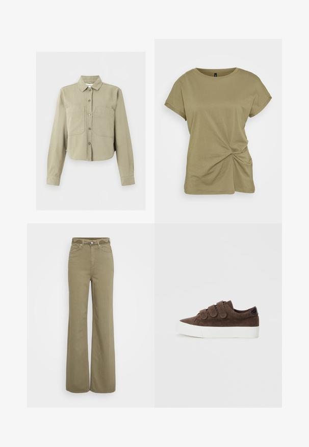 Beige cropped jakke med lange ærmer, krave, knapper foran og to store brystlommer på ensfarvet baggrund.; Olivenfarvet T-shirt med korte ærmer lavet af blød bomuld, med en snoet knudedetalje på siden og en ribbet rund halsudskæring.; Højtaljede vide bukser i khaki med for- og baglommer, bæltestropper og en knap med lynlås lukning.; Brune korduroy sneakers med tre velcro remme, hvid gummisål og struktureret stof for ekstra detaljer.