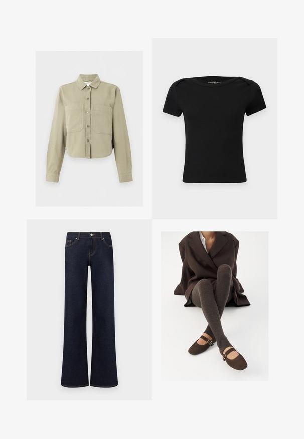Beige cropped jakke med lange ærmer, krave, knapper foran og to store brystlommer på ensfarvet baggrund.; Sort, ribbet kortærmet tætsiddende top med bådformet halsudskæring og mærkat "Casual Elegance ONLY" indeni kraven.; Mørkeblå vidde denimjeans med forlommer, knap- og lynlåslukning samt synlige kontrastsyninger.; Brune ribbede knæhøje sokker parret med brune ruskinds Mary Jane sko med en dekorativ rem og spænde, båret med en mørk frakke.