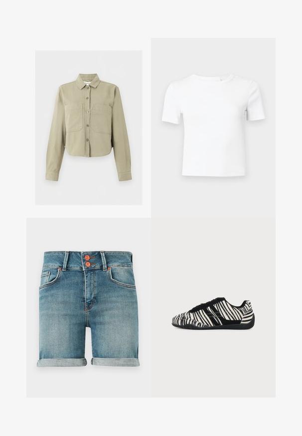 Veste beige raccourcie à manches longues, col, boutons sur le devant et deux grandes poches poitrine sur un fond uni.; T-shirt blanc à manches courtes en tissu côtelé, avec un col rond et une coupe ajustée, idéal pour superposer ou porter au quotidien.; Shorts en denim bleu avec ourlets roulés, double bouton en cuivre, poches avant et passants pour ceinture sur un fond uni.; Baskets à lacets noires et blanches avec motif rayures zèbre et semelle noire texturée sur un fond clair uni.