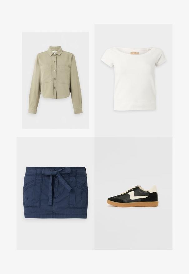 Veste beige raccourcie à manches longues, col, boutons sur le devant et deux grandes poches poitrine sur un fond uni.; Crop top blanc à manches courtes avec encolure large et étiquette de marque Hollister visible à l'intérieur du col, posé à plat sur un fond uni.; Mini-jupe bleu marine avec grandes poches avant et ceinture en tissu nouée à la taille, en coton texturé.; Baskets en daim et cuir noir avec un swoosh latéral crème et un talon crème clair. Dotées de lacets beige et d'une semelle en caoutchouc gomme.
