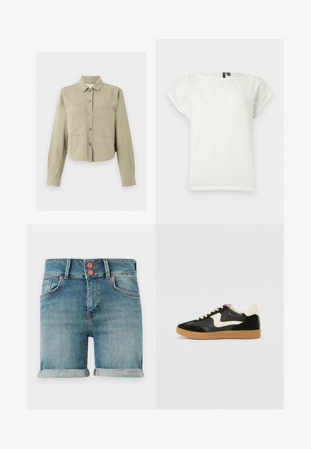Veste beige raccourcie à manches longues, col, boutons sur le devant et deux grandes poches poitrine sur un fond uni.; Blouse blanche à manches courtes avec détails en dentelle ajourée sur le haut de la poitrine et les manches, encolure ronde, vue à plat sur fond clair.; Shorts en denim bleu avec ourlets roulés, double bouton en cuivre, poches avant et passants pour ceinture sur un fond uni.; Baskets en daim et cuir noir avec un swoosh latéral crème et un talon crème clair. Dotées de lacets beige et d'une semelle en caoutchouc gomme.