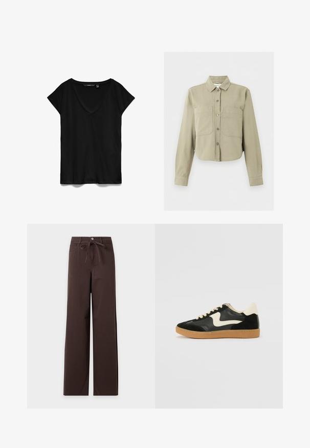 Beige kurze Jacke mit langen Ärmeln, Kragen, Knöpfen vorne und zwei großen Brusttaschen vor einfachem Hintergrund.; Schwarzes kurzärmliges T-Shirt mit V-Ausschnitt-Design, aus weichem Stoff gefertigt, mit lässiger Passform und glatter, leicht matter Textur.; Dunkelbraune Hose mit weitem Bein, vorne Knopf- und Reißverschluss, Gürtelschlaufen, Fronttaschen und einem gebundenen Stoffgürtel in der Taille.; Schwarze Wildleder- und Leder-Sneaker mit einem cremefarbenen Seiten-Swoosh und einer hellcremefarbenen Ferse. Ausgestattet mit beige Schnürsenkeln und einer Gummilaufsohle.
