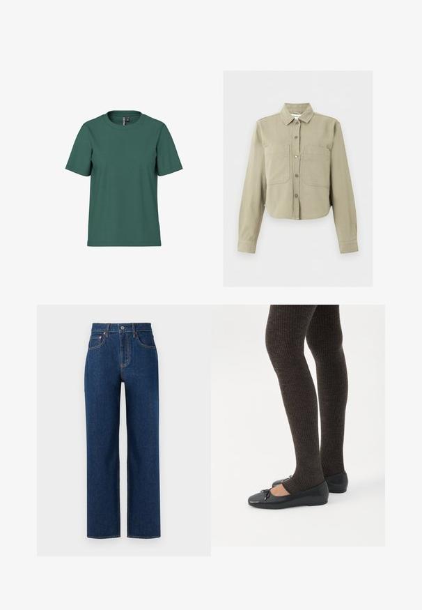Beige cropped jakke med lange ærmer, krave, knapper foran og to store brystlommer på ensfarvet baggrund.; Kortærmet t-shirt i mørkegrøn bomuld med rund hals. Enkelt, udekoreret design og afslappet pasform. Blød tekstur, ingen mønstre.; Mørkeblå denimjeans med lige ben-design, der har orange syninger, fem lommer og en klassisk knaplukning.; Ben iført mørke ribbede leggings kombineret med sorte balletsko med små sløjfedetaljer på hvid baggrund.