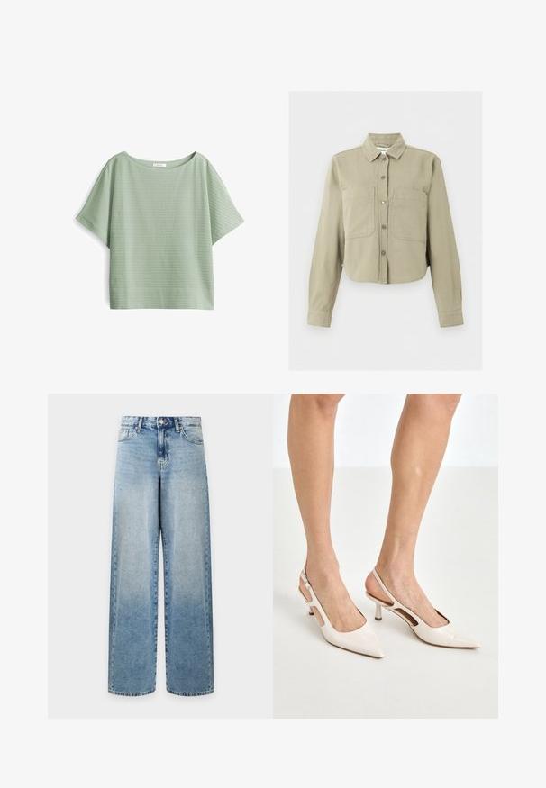 Beige cropped jas met lange mouwen, kraag, knopen aan de voorkant en twee grote borstzakken op een effen achtergrond.; Lichtgroen kortemouwen top met een losse pasvorm, textuurstof met een subtiel patroon en een brede, ronde halslijn.; Lichtblauwe denim jeans met wijde pijpen, klassiek ontwerp met vijf zakken en knoopsluiting, voorkant weergegeven op een witte achtergrond.; Beige gepatineerde leren slingback hakken met een spitze neus en een hak van 5 cm, met uitsparingen aan de zijkanten en een dunne enkelband.