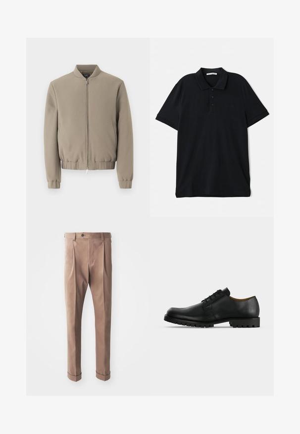 Beige Bomberjacke mit rundem Kragen, Frontreißverschluss, gerippten Bündchen und Saum. Hergestellt aus strukturiertem Stoff mit streamlined Design.; Schwarzes Poloshirt aus Baumwolle, mit klassischem Kragen, Dreiknopf-Leiste, kurzen Ärmeln und einem dezenten Logo-Detail auf der Vorderseite.; Khakihosen aus strukturierter Stoffqualität, mit hoher Taille, Falten und umgeschlagenen Säumen, sowie einem einzelnen Knopfverschluss an der Taille.; Schwarzer Lederschnürschuh mit dicker, profilierter Sohle und niedrigem Absatz auf weißem Hintergrund dargestellt.