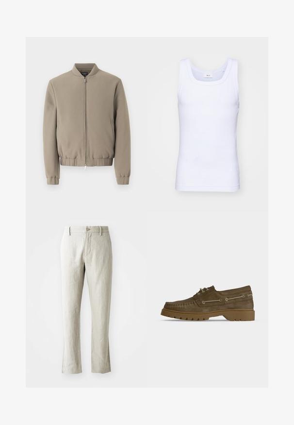 Veste bomber beige avec un col rond, fermeture éclair à l'avant, poignets et ourlet côtelés. Fabriquée en tissu texturé avec un design épuré.; Débardeur sans manches en coton blanc avec un col rond, présentant une texture lisse et une coupe ajustée, conçu pour un usage décontracté.; Pantalons en lin beige clair à coupe droite, texture subtile, fermeture à bouton devant et deux poches latérales. Conçus pour une silhouette épurée.; Mocassin en cuir suédé marron à lacets, semelle crantée épaisse en caoutchouc et laçage décoratif en cuir sur les côtés.