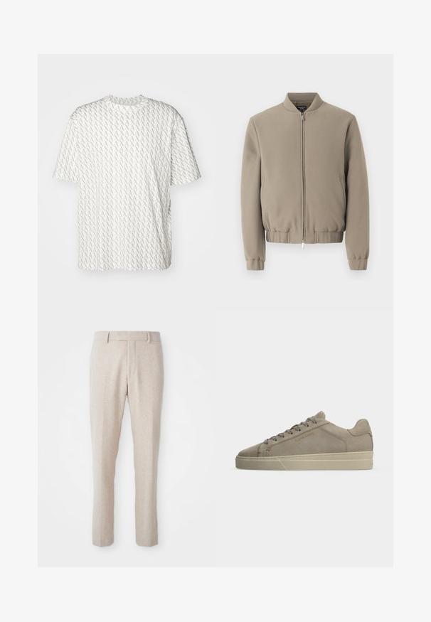 Μπεζ bomber jacket με στρογγυλό γιακά, εμπρόσθιο φερμουάρ, ριχτές μανσέτες και στρίφω. Φτιαγμένο από υφαντό ύφασμα με κομψό σχέδιο.; Λευκό μπλουζάκι με επαναλαμβανόμενο γκρι μοτίβο "A", κοντά μανίκια, στρογγυλή λαιμόκοψη και άνετη εφαρμογή. Φτιαγμένο από μαλακό ύφασμα.; Μπεζ πλεκτό παντελόνι με ίσια γραμμή, διαθέτοντας επίπεδο μπροστινό μέρος, βρόχους ζώνης και χωρίς ορατά σχέδια ή χάλκινα στοιχεία.; Μπεζ σουέντ χαμηλού προφίλ αθλητικό με τονικά κορδόνια, κρεμ σόλα από καουτσούκ και εντυπωμένο το "FILLING PIECES" στην πλαϊνή επιφάνεια.