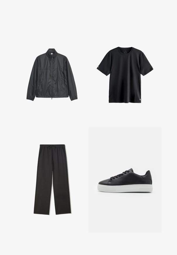 Sort letvægts lynlåstrøje med lange ærmer, ståkrave og sidelommer, vist på hvid baggrund.; Enkel sort kortærmet sportst-shirt med rund halsudskæring, medium størrelse mærkat indeni halsudskæringen, og lille logo nederst til venstre.; Sorte bukser med elastisk talje, snørebånd og sidelommer, med en afslappet pasform og lige ben.; Sorte lædersneakers med rund tå, hvid gummisål og sorte snørebånd. Har en glat overflade og minimalistisk design.