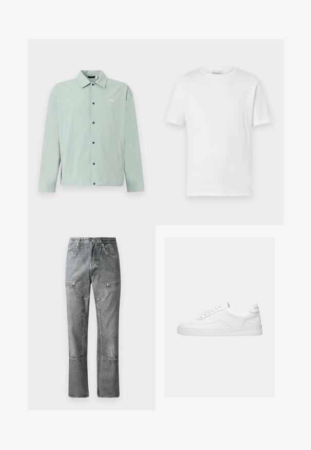 Veste décontractée vert clair avec col, boutons-pression noirs à l'avant, poches latérales et un petit logo blanc brodé sur la poitrine.; T-shirt blanc à manches courtes en coton. Présente un col rond et un ourlet droit. Sans motifs ni embellissements. Design simple.; Jean en denim gris à coupe droite, avec poches avant, coutures visibles et finition décolorée. Le matériau a une texture lisse.; Baskets basses blanches avec un design à lacets, dessus en cuir lisse et semelle épaisse, montrées de profil sur un fond uni.