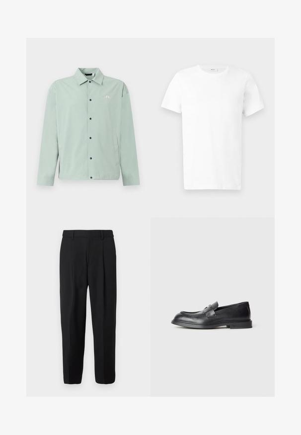 Veste décontractée vert clair avec col, boutons-pression noirs à l'avant, poches latérales et un petit logo blanc brodé sur la poitrine.; T-shirt en coton blanc uni à manches courtes avec col rond, présenté à plat sur un fond gris clair.; Pantalon noir à jambe droite, confectionné en tissu tissé, avec devant plat, passants pour ceinture et deux poches latérales.; Mocassins en cuir noir avec une finition texturée, dotés d'une bride décorative à l'avant et d'un bout arrondi. Semelle en caoutchouc pour plus de durabilité.