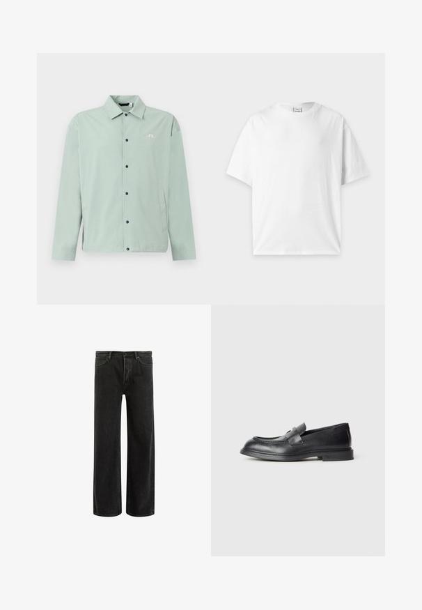 Veste décontractée vert clair avec col, boutons-pression noirs à l'avant, poches latérales et un petit logo blanc brodé sur la poitrine.; T-shirt blanc uni à manches courtes et col rond, posé à plat sur un fond gris clair.; Jean en denim noir à jambes larges avec taille haute, présentant un design classique à cinq poches et un léger délavage pour un aspect texturé.; Mocassins en cuir noir avec une finition texturée, dotés d'une bride décorative à l'avant et d'un bout arrondi. Semelle en caoutchouc pour plus de durabilité.