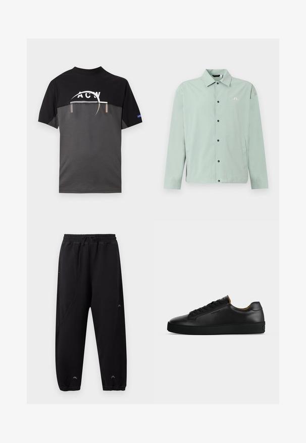 Veste décontractée vert clair avec col, boutons-pression noirs à l'avant, poches latérales et un petit logo blanc brodé sur la poitrine.; T-shirt noir et gris à manches courtes avec un logo graphique blanc sur la poitrine et une petite étiquette bleue sur la manche droite.; Pantalon de jogging noir avec taille et poignets élastiques, coupe slim, détails de couture discrets et petit logo blanc près des chevilles et de la cuisse.; Basket basse en cuir noir avec lacets noirs, semelle en caoutchouc texturée et petit logo embossé sur le côté, présenté de profil sur fond gris.