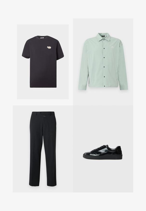 Veste décontractée vert clair avec col, boutons-pression noirs à l'avant, poches latérales et un petit logo blanc brodé sur la poitrine.; T-shirt noir en coton à manches courtes avec col rond et petit logo blanc "N°7" sur la partie haute gauche de la poitrine.; Pantalon noir à coupe droite, en tissu lisse. Il présente une fermeture à bouton à l'avant et des détails de couture subtils. Conception simple sans motifs.; Baskets en cuir verni noir avec un bout arrondi, un laçage, une semelle en caoutchouc texturé et une finition lisse.