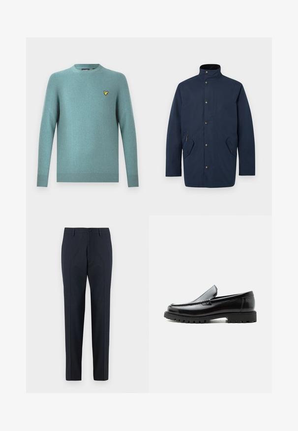 Marineblauwe waterdichte jas met een staande kraag, voor sluiting met knopen, twee zijzakken en een gladde textuur.; Sweater met ronde hals in zachte teal stof, met lange mouwen en een geribde zoom. Gele geborduurde logo-accent op de borst.; DRYKORN AJEND - Chino - blue; Zwarte leren loafer met dikke rubberen zool, gestikte bovenkant en gegraveerde merknaam op de hiel, zijaanzicht op witte achtergrond.