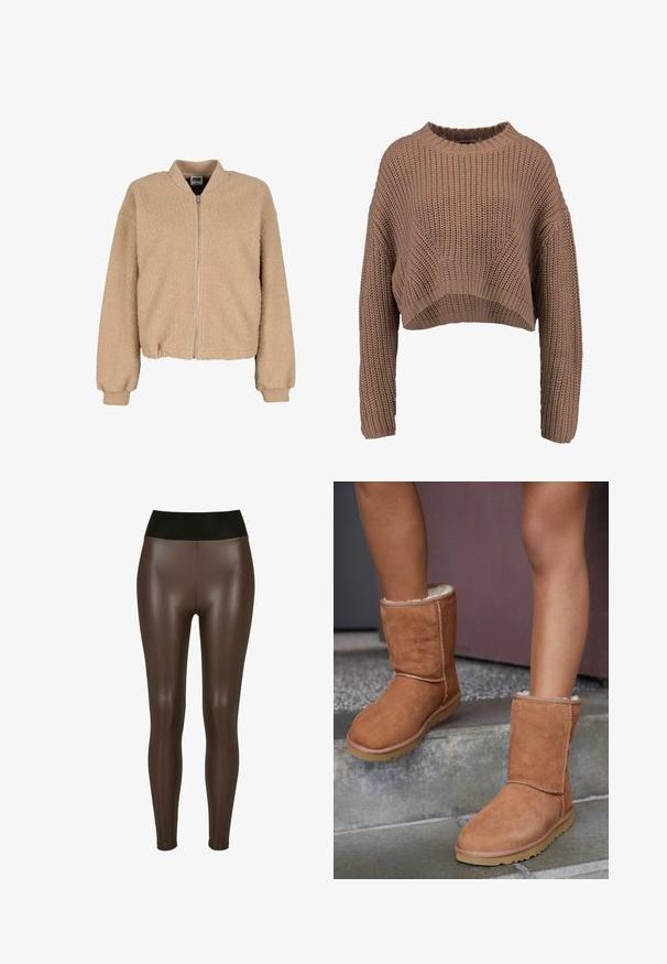 Urban Classics STRUCTURED - Fleecejakke - unionbeige; Brun strikket cropped sweater med ribbet struktur, brede ærmer og rund hals. Blødt, chunky materiale med en afslappet pasform.; Brune faux læder leggings med en høj sort talje, der har en glat, blank finish og en tætsiddende design til anklerne.; Brune ruskind ankelstøvler med rund tå, blødt foer og gummisål, der har synlige stikninger langs sømmene.