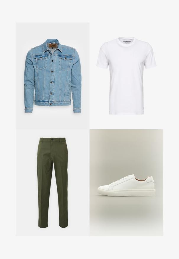 Denim Project DPMKASH DENIM JACKET - Teksajakk - mid blue; Valge lühikeste varrukatega T-särk, mis on valmistatud puuvillast, ümarate kaelustega ja lihtsa disainiga. Brändi silt on nähtav kaela piirkonnas. Muster või aktsente ei ole.; Oliivrohelised puuvillased püksid sirge jala disainiga, esipaneelis nööpide sulgemisega, küljetaskutega ja minimaalsete õmbluse detailidega.; Valge madala säärega tennari paeltega ja lamepõhjaga, vaadatuna küljelt neutraalsel taustal.