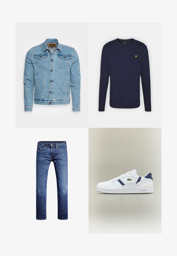 Denim Project DPMKASH DENIM JACKET - Jeansjacke - mid blue; Marineblaue Langarm-T-Shirt aus weicher Baumwolle mit rundem Ausschnitt und kleinem gelbem Vogel-Logo auf der Brust. Genähter Saum und Bündchen.; Schmal geschnittene blaue Denim-Jeans mit einer gewaschenen Optik, klassischem Fünf-Taschen-Design und einem Knopfverschluss. Der Stoff wirkt weich mit subtiler Textur.; Weiße Lacoste-Sneaker mit marineblauen Akzenten, grünem Krokodil-Logo, Schnürdesign und markierten Sohlen auf neutralem Hintergrund.