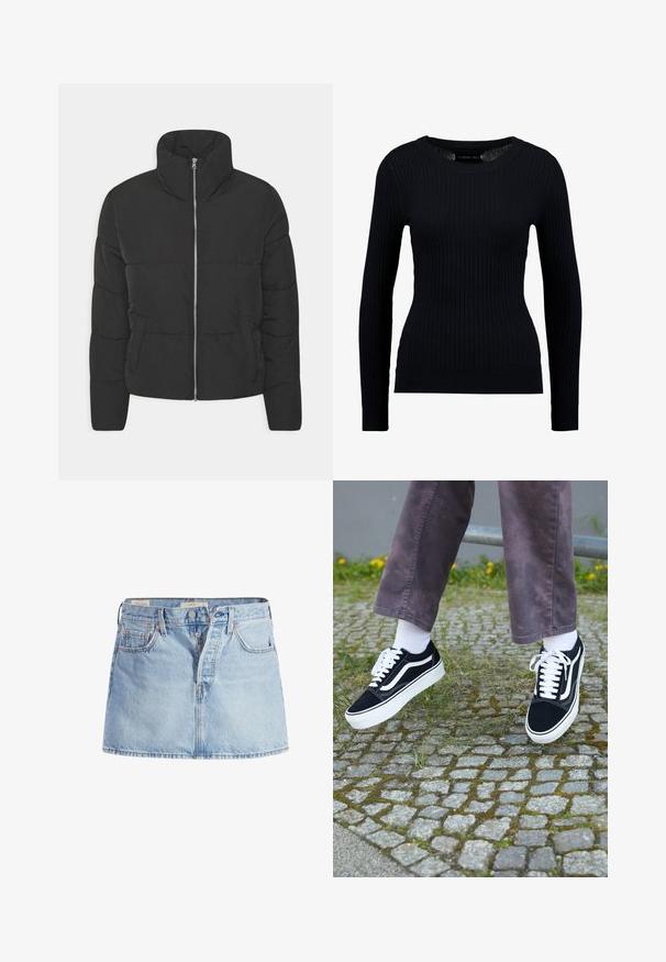 Sort puffjakke med høj krave, lynlås foran og sidelommer. Lavet af glat stof med kviltede sektioner til isolering.; Sort ribbet langærmet sweater med rund halsudskæring og tætsiddende silhuet. Teksturen er glat med en subtil strækbarhed.; Lysblå denimnederdel med et tætsiddende talje, fem-pockets design, frontknaplukning og subtile falmede områder i stoffet.; Sorte ruskinds sneakers med hvide accenter, med rund tå, tyk hvid sål og klassisk snørebåndsdesign, båret med hvide sokker og lilla bukser.