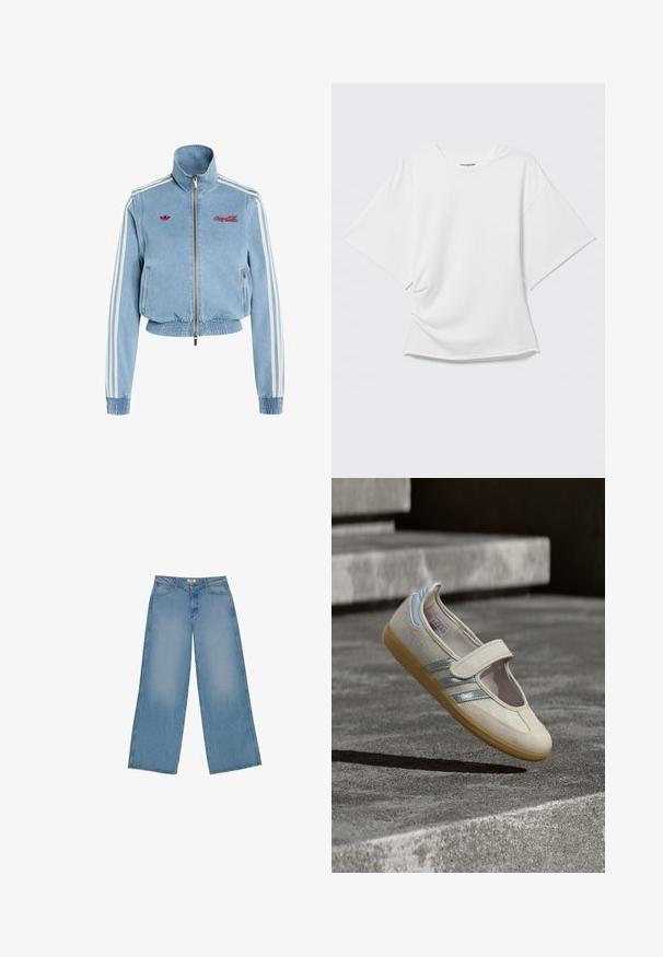 Lichtblauwe denim jas met ritssluiting, elastische zoom en manchetten, witte strepen op de mouwen, rode Adidas- en Coca-Cola-logo’s op de borst.; Wit oversized T-shirt met korte mouwen en ronde hals, weergegeven op een lichtgrijze achtergrond.; Lichtblauwe wijde jeans van denim, met een hoge taille, rechte snit en contrasterende stiksels. Geen versieringen of slijtage.; Beige stoffen schoen met elastische band, gestructureerd bovendeel, zilveren en blauwe accenten, en een buitenzool van gumrubber, getoond tegen een grijze achtergrond.