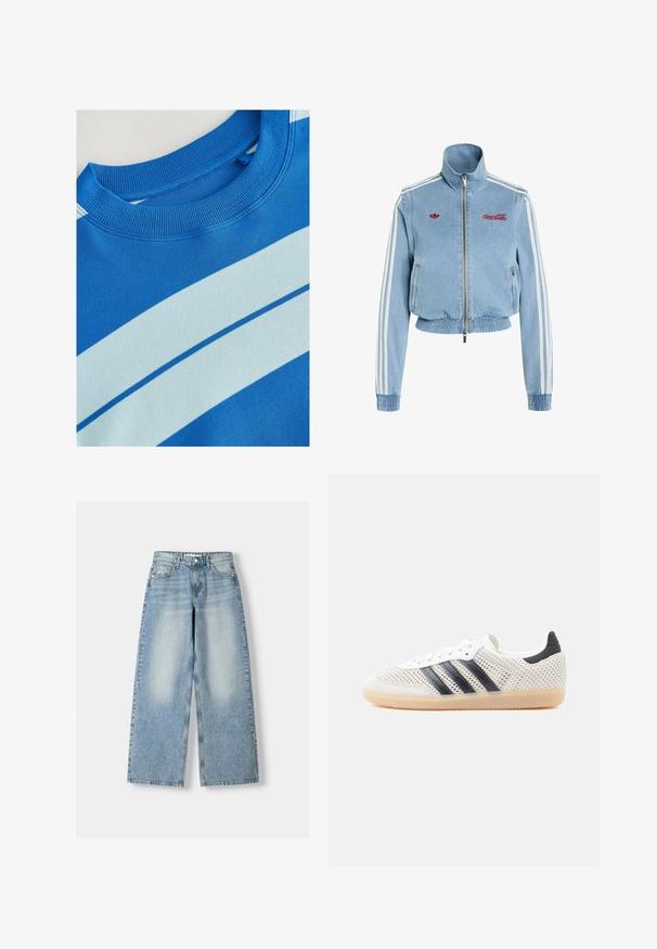 Hellblaue Denim-Zip-up-Jacke mit elastischem Saum und Bündchen, weißen Streifen auf den Ärmeln, roten Adidas- und Coca-Cola-Logos auf der Brust.; Blaues Sweatshirt mit geripptem Rundhalsausschnitt, ausgestattet mit horizontalen hellblauen Streifen und einer glatten Textur. Sauberes Design, weiches Material.; Helle blaue, weit geschnittene Jeans mit hoher Taille, mit einem verwaschenen Finish, fünf Taschen und geradem Schnitt.; Weiße Mesh-Sneaker mit schwarzem Drei-Streifen-Design, abgerundeter Spitze und Gummisohle. Verfügen über einen weichen Fersenkragen und Schnürverschluss.