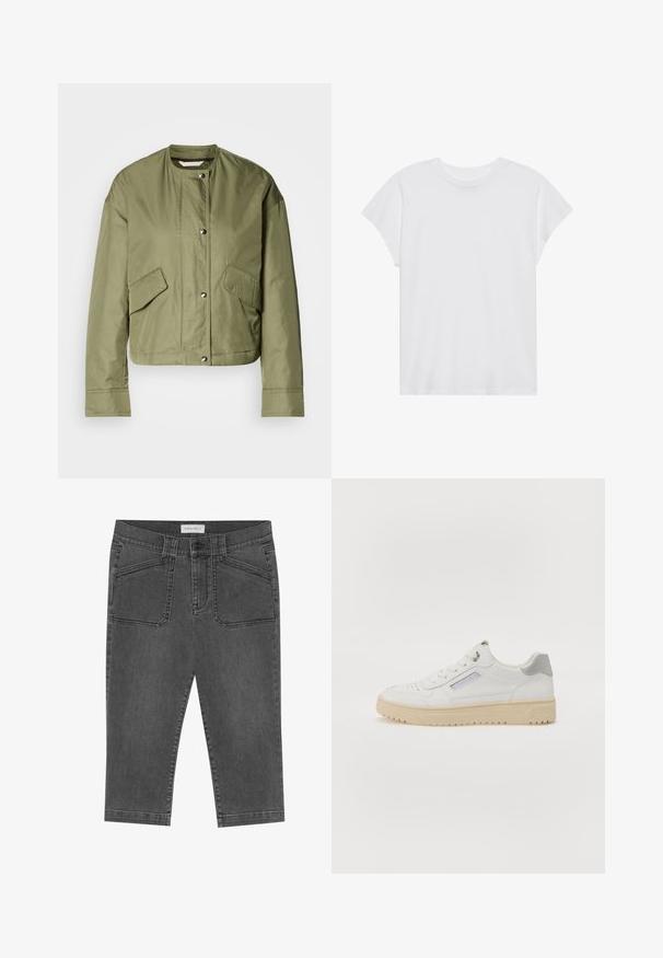 Oliven grønn cropped jakke i letvægtigt stof med rund hals, trykknapper og to sidelommer med diagonale åbninger.; Hvid kortærmet t-shirt med rund hals, afslappet pasform, lavet af blødt bomuldsstof. Glat tekstur, ingen mønstre eller logoer.; Grå denim capri-bukser med en tætsiddende design, der har frontlommer, knaplukning og en let slidt tekstur.; Mænds hvide sneakers med en glat overflade, grå detaljer, rund tå og en beige gummisål. Har et sidelabel og perforerede detaljer.