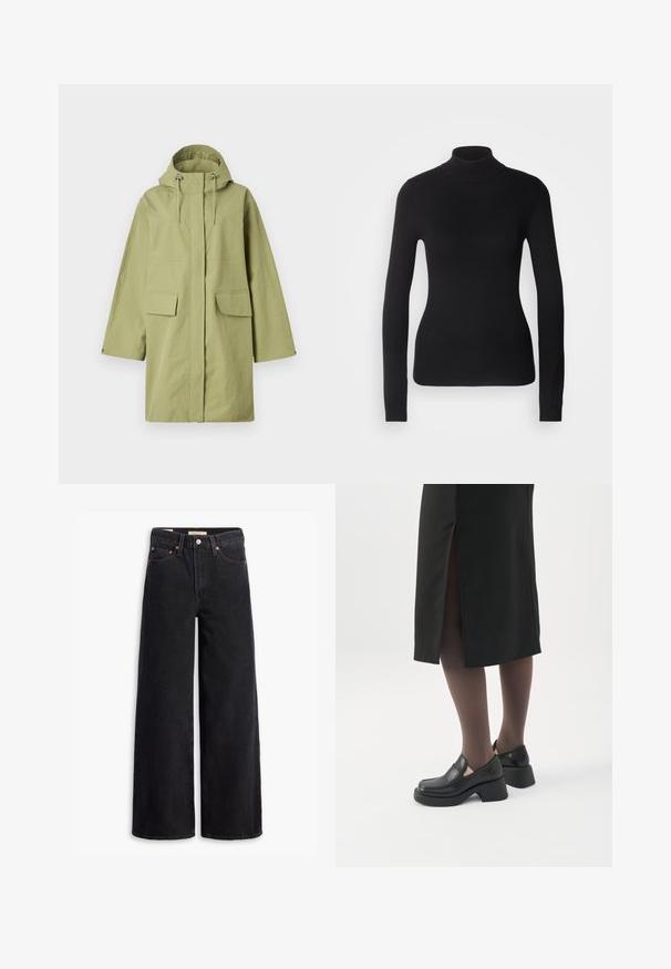 Abrigo impermeable verde claro con capucha, cuenta con dos bolsillos frontales, corte recto y cordones ajustables. Textura suave.; Suéter negro de cuello alto hecho de un tejido de punto ligero. Presenta mangas largas, un diseño ajustado y una suave textura acanalada.; Jeans de pierna ancha negros hechos de denim, con cinco bolsillos, remaches de cobre y un cierre clásico de botón. Textura suave con un diseño limpio.; Mujer con mocasines negros de tacón grueso, medias negras transparentes y una falda negra con una abertura trasera sobre un fondo blanco.