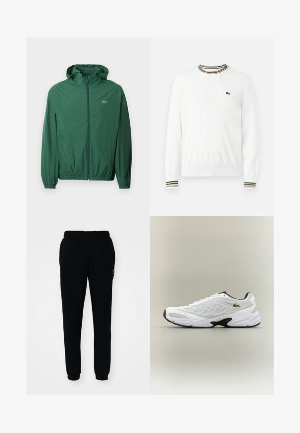 Grøn letvægtsjakke med hætte, lynlås lukning, elastiske manchetter og elastisk talje. Har et lille logo på brystet.; Hvid sweater med rund hals, prydet med grønne, røde og orange striber på kraven og ærmerne. Lacoste-logo på brystet.; Sorte sweatpants med elastisk talje og manchetter. Fremstillet af blødt stof med et lille logo på den øverste venstre side.; Hvide atletiske sko med tekstureret mesh-overdel, buet design og kontrasterende sort ydersål. Har en grøn broderet logo på siden.