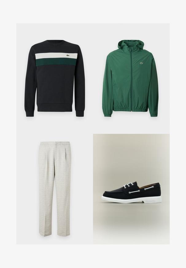 Groene lichtgewicht jas met een capuchon, ritssluiting, elastische manchetten en een elastische tailleband. Heeft een klein logo op de borst.; Donkere sweatshirt met een zwarte basis, voorzien van groene en witte horizontale strepen op de borst en een klein geborduurd logo aan de linkerkant.; Lichtgrijze broek met een gestructureerde stof, met een rechte snit, geplooide voorkant en standaard tailleband. Geen zichtbare zakken of accenten.; Zwarte leren bootschoen met witte veters en zool, met zijogen en "Karl Lagerfeld" geperst op de hiel van de zool.