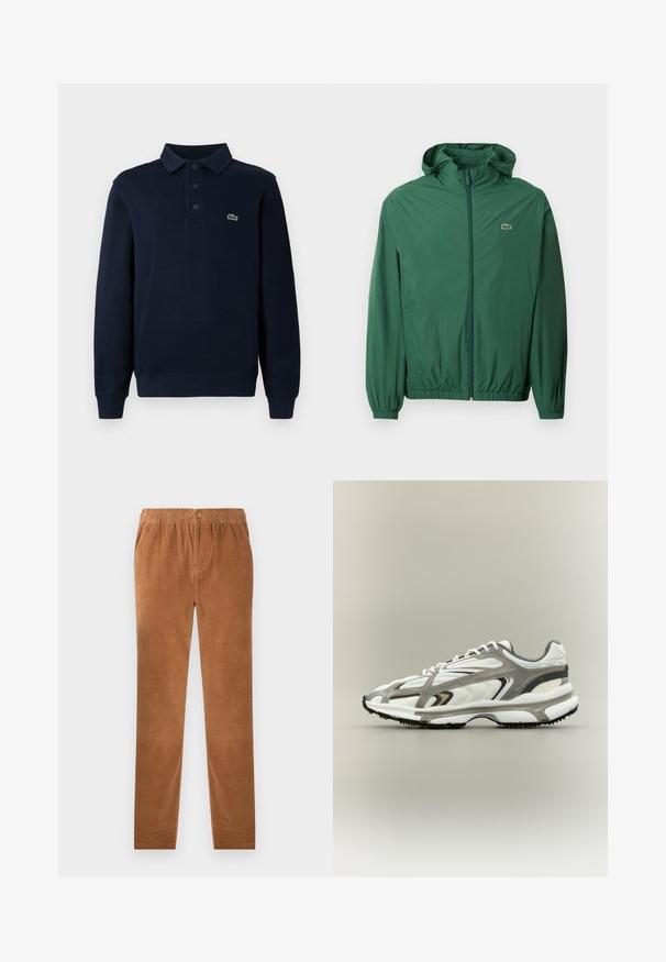 Chaqueta ligera verde con capucha, cierre de cremallera, puños elásticos y cinturilla elástica. Presenta un pequeño logo en el pecho.; Camisa polo de manga larga azul marino con tapeta de botones y pequeño logo de cocodrilo verde en el pecho.; Pantalones de pana marrón con cintura elástica, que cuentan con un cierre de botón. Diseño de pierna recta y tela suave y texturizada.; Zapatilla deportiva con una parte superior de malla blanca, acentos grises, suela de goma negra y un diseño aerodinámico. Presenta cordones y detalles texturizados.