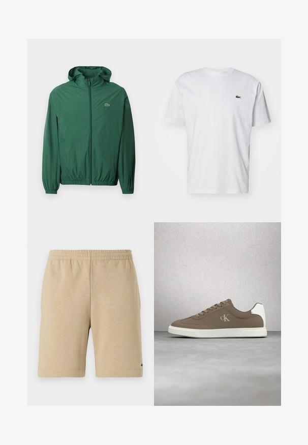 Grüne, leichte Jacke mit Kapuze, Reißverschluss, elastischen Bündchen und einem elastischen Taillenzug. Besitzt ein kleines Logo auf der Brust.; Weißes Baumwoll-T-Shirt mit Rundhalsausschnitt, kurzen Ärmeln und einem kleinen grünen gestickten Logo auf der Brust. Klassisches, gerades Schnittdesign.; Beige Baumwollshorts mit einem elastischen Bund, knielangem Design und einem kleinen Logodetail auf der linken Seite. Glatte Textur und einfacher Schnitt.; Taupefarbener Calvin Klein Sneaker mit beigen Schnürsenkeln und weißer Sohle, der über einem glatten grauen Boden nahe einer Glassteinwand schwebt.