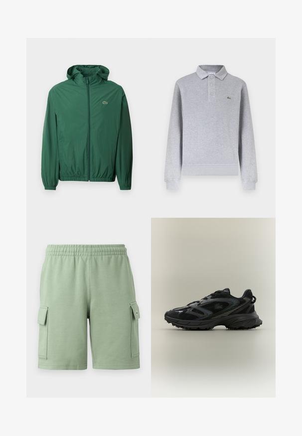 Grøn letvægtsjakke med hætte, lynlås lukning, elastiske manchetter og elastisk talje. Har et lille logo på brystet.; Lysegrå langærmet poloshirt med ribstrikkede manchetter, tre knapper ved kraven og en lille grøn krokodillelogo på venstre bryst.; Grønne bomuldsshorts med elastisk talje, to sidelommer med klap og et lille logo på venstre lomme.; Sort atletisk sko med meshpaneler, en tekstureret sål, snørebånd og en buet silhuet med sølvfarvede accenter på siderne.