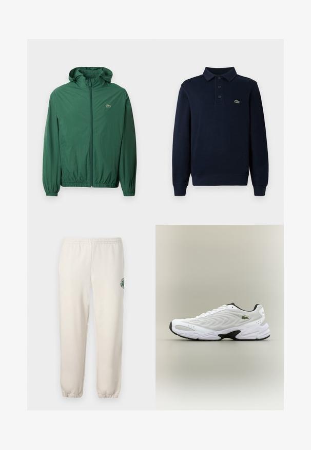 Grøn letvægtsjakke med hætte, lynlås lukning, elastiske manchetter og elastisk talje. Har et lille logo på brystet.; Mørkeblå langærmet polo t-shirt med knaplukning og lille grøn krokodille-logo på brystet.; Lys beige sweatpants lavet af bomuld, med elastisk talje, ribbede mansjetter og et grønt logo med bladdesign på venstre ben.; Hvide atletiske sko med tekstureret mesh-overdel, buet design og kontrasterende sort ydersål. Har en grøn broderet logo på siden.