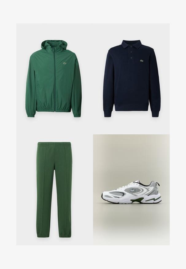 Groene lichtgewicht jas met een capuchon, ritssluiting, elastische manchetten en een elastische tailleband. Heeft een klein logo op de borst.; Marineblauwe lange mouwen polo shirt met knoopsluiting en klein groen krokodillenlogo op de borst.; Groene joggingbroek van zacht materiaal; heeft een elastische tailleband, taps toeloopende pijpen en een klein logo aan de zijkant.; Witte en grijze sportieve hardloopschoen met meshpanelen, groene accenten, zwarte details en een logo aan de zijkant, getoond vanaf de buitenkant.