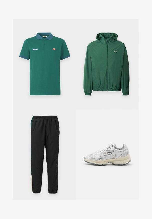 Chaqueta ligera verde con capucha, cierre de cremallera, puños elásticos y cinturilla elástica. Presenta un pequeño logo en el pecho.; Polo verde de algodón con cuello y puños en azul contrastante. Presenta un logo bordado y un pequeño diseño colorido en el pecho.; Pantalones de chándal negros con cintura elástica, con paneles laterales verdes y beiges y un diseño de pierna ajustada. Están hechos de material ligero.; Zapatillas deportivas blancas con detalles en gris, parte superior de malla y sintético, diseño de cordones, y suela de goma texturizada con patrones de tracción.