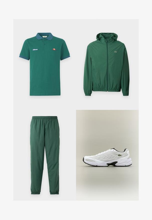 Grøn letvægtsjakke med hætte, lynlås lukning, elastiske manchetter og elastisk talje. Har et lille logo på brystet.; Grøn polo shirt lavet af bomuld med en kontrasterende blå krave og manchetter. Har et broderet logo og et lille farverigt design på brystet.; Grønne, lette, elastiske bukser med en rynket talje og manchetter, lavet af et glat, vandafvisende materiale.; Hvide atletiske sko med tekstureret mesh-overdel, buet design og kontrasterende sort ydersål. Har en grøn broderet logo på siden.