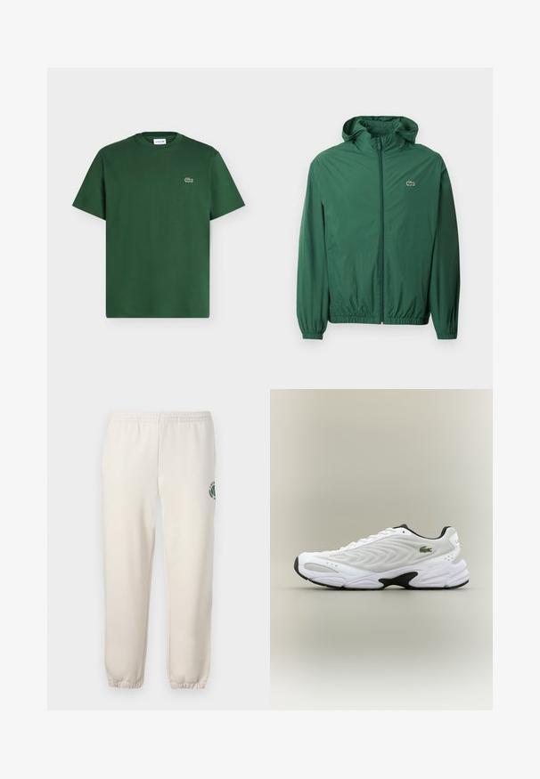 Grøn letvægtsjakke med hætte, lynlås lukning, elastiske manchetter og elastisk talje. Har et lille logo på brystet.; Mørkegrøn kortærmet bomulds t-shirt med rund hals og lille Lacoste krokodillelogo på venstre bryst.; Lys beige sweatpants lavet af bomuld, med elastisk talje, ribbede mansjetter og et grønt logo med bladdesign på venstre ben.; Hvide atletiske sko med tekstureret mesh-overdel, buet design og kontrasterende sort ydersål. Har en grøn broderet logo på siden.