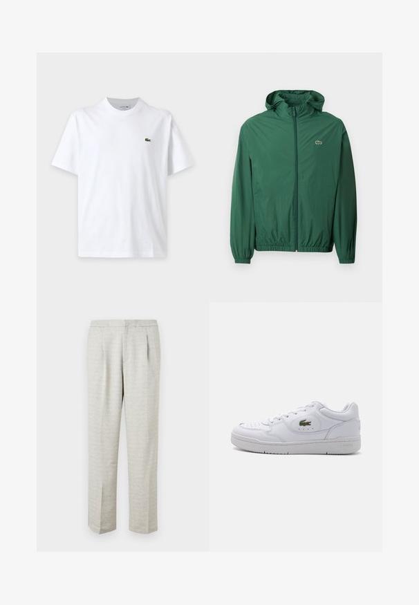 Groene lichtgewicht jas met een capuchon, ritssluiting, elastische manchetten en een elastische tailleband. Heeft een klein logo op de borst.; Effen wit T-shirt met korte mouwen, ronde hals en klein groen krokodillenlogo op de linkerborst.; Lichtgrijze broek met een gestructureerde stof, met een rechte snit, geplooide voorkant en standaard tailleband. Geen zichtbare zakken of accenten.; Witte leren sneakers met een geperforeerde neus en een groen krokodillenlogo aan de buitenkant. Bevat een platte zool en een vetersluiting.