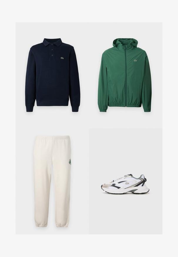 Groene lichtgewicht jas met een capuchon, ritssluiting, elastische manchetten en een elastische tailleband. Heeft een klein logo op de borst.; Marineblauwe lange mouwen polo shirt met knoopsluiting en klein groen krokodillenlogo op de borst.; Lichtbeige sweatpants van katoen, met een elastische tailleband, geribde boorden en een groen logo met een bladerenontwerp op het linkerpand.; Witte sportschoen met zilveren en zwarte accenten, een bovenwerk van mesh, een gestructureerde zool en een gestroomlijnd ontwerp met een logo aan de zijkant.