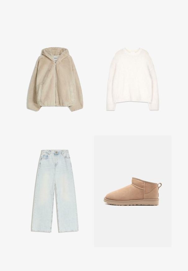 Faux fur beige hættetrøjejakke med lynlås forrest, sidelommer og en blød tekstur. Har en afslappet pasform og fastsyet hætte.; Hvid, fluffy sweater med rund halsudskæring, lange ærmer og en afslappet pasform. Lavet af blød, tekstureret stof med ribstrikkede manchetter og kant.; Lyseblå jeans med vide ben, fem lommer, bæltestropper og knaplukning foran i linningen.; Brune ruskindsankelstøvle med en rund tå, blød tekstur, enkelt design og en lavprofil gummisål. Har en trækrem bagpå.