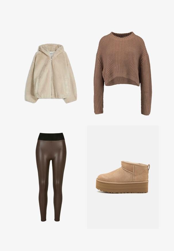 Faux fur beige hættetrøjejakke med lynlås forrest, sidelommer og en blød tekstur. Har en afslappet pasform og fastsyet hætte.; Brun strikket cropped sweater med ribbet struktur, brede ærmer og rund hals. Blødt, chunky materiale med en afslappet pasform.; Brune faux læder leggings med en høj sort talje, der har en glat, blank finish og en tætsiddende design til anklerne.; Beige ruskinds ankelstøvler med et blødt indre, der har en platformssål og en strop bagpå for nem påtagning. Tekstureret gummisål.