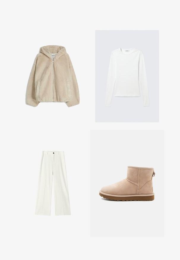Beige hoodie-jack met faux bont, met een ritssluiting aan de voorkant, zijzakken en een zachte textuur. Heeft een ontspannen pasvorm en een vaste capuchon.; Effen wit shirt met lange mouwen en ronde hals, slim fit, afgebeeld tegen een lichtgrijze achtergrond.; Witte, wijde broek met hoge taille, voorplooien, tailleband met riemlussen en een zwarte knoopsluiting.; Beige suède enkellaars met een ronde neus, gestikte accenten en een gestructureerde bruine rubberen zool. Beschikt over een trekband aan de achterkant.