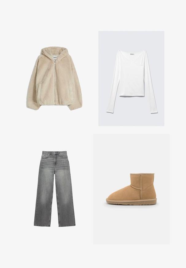Beige hoodie-jack met faux bont, met een ritssluiting aan de voorkant, zijzakken en een zachte textuur. Heeft een ontspannen pasvorm en een vaste capuchon.; Witte long-sleeve top met een crossover ontwerp en een zak. Gemaakt van een gladde, rekbare stof. Geknipt in een casual, relaxte pasvorm.; Grijze wijde jeans van denim, met een middelhoge tailleband, vijf zakken en subtiele vervaging op de benen.; Tan nubuck enkellaars met een ronde neus en gewatteerde kraag, voorzien van contrasterende stiksels en een gestructureerde rubberen zool.