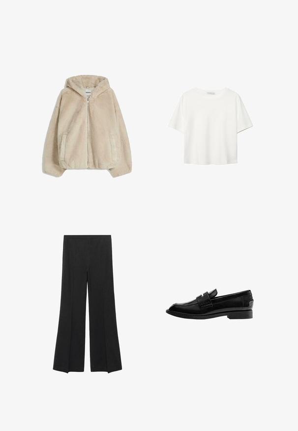 Veste à capuche en fausse fourrure beige avec fermeture éclair à l'avant, poches latérales et texture douce. Présente une coupe décontractée et une capuche attachée.; T-shirt blanc à manches courtes en coton. Doté d'un col ras du cou et d'une coupe décontractée. Texture lisse sans motifs ni accents visibles.; Pantalons larges noirs avec des fines rayures verticales et une taille élastique, présentés à plat sur un fond blanc.; Mocassin en cuir noir avec une finition brillante, bout légèrement pointu, design sans lacets, et un petit talon rectangulaire avec détails cousus.