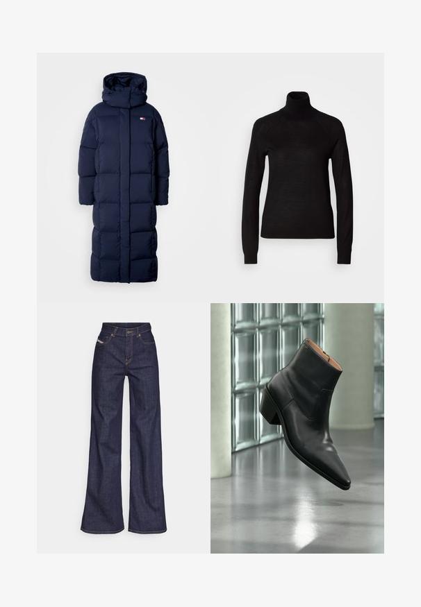 Navyblauwe lange pufferjas met een capuchon, met een doorgestikte design, een hoge kraag en zijzakken met rits. Zachte, gevoerde textuur.; Zwarte coltrui gemaakt van een lichte gebreide stof. Beschikt over lange mouwen en een aansluitende snit met raglan naden.; Donkerblauwe wijde jeans van denimstof met een hoge taille, voorzien van oranje stiksels, een vijf-pocket ontwerp en een knoopsluiting.; Zwarte leren enkellaars met een spitse neus en blokhak die zweeft boven een reflecterende grijze vloer nabij een glazen blokmuur.