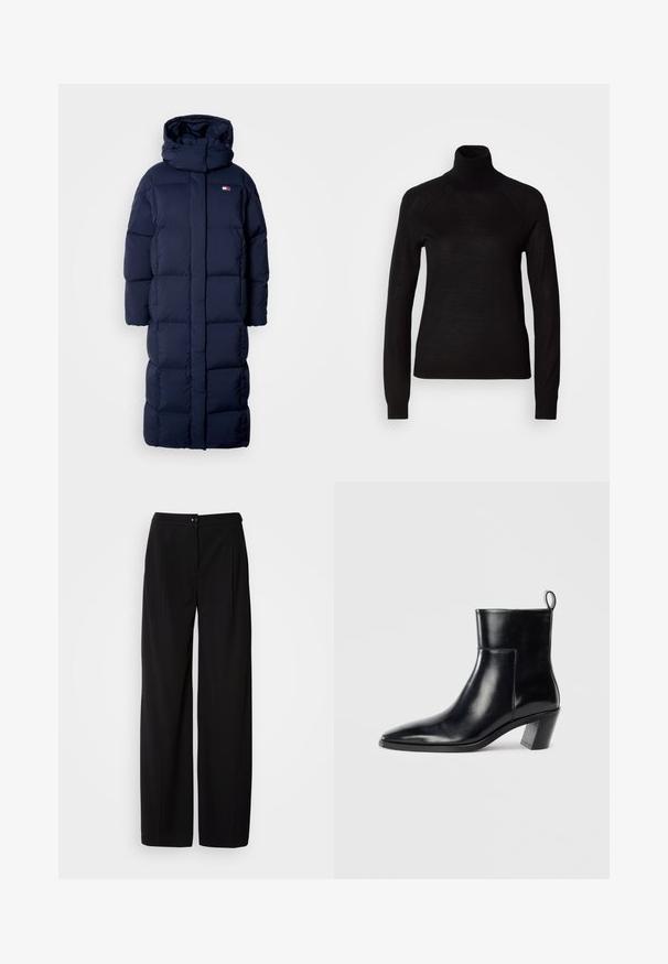 Manteau long bleu marine matelassé avec capuche, dotée d'un design matelassé, d'un col montant et de poches zippées sur les côtés. Texture douce et rembourrée.; Pull à col roulé noir en tissu tricot léger. Avec des manches longues et une silhouette ajustée dotée de coutures raglan.; Pantalons large en noir avec un tissu tissé lisse ; dotés d'une fermeture à bouton et d'un design plissé pour une silhouette structurée.; Bottine en cuir noir avec un bout pointu, un talon empilé géométrique et une languette à l'arrière. Texture lisse et design épuré.
