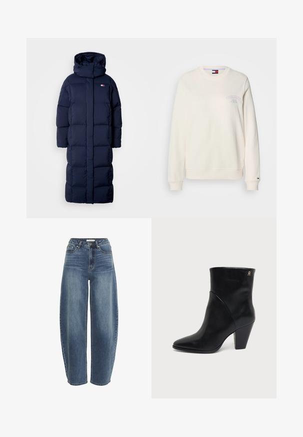 Navyblauwe lange pufferjas met een capuchon, met een doorgestikte design, een hoge kraag en zijzakken met rits. Zachte, gevoerde textuur.; Crème-kleurige sweater met ronde hals, lange mouwen en een klein paars logo op de borst. Zacht, gestructureerd materiaal met geribbelde boorden.; Hoge taille, losvallende blauwe jeans van denim, voorzien van een knoopsluiting, vijf zakken en subtiele vervaging op de stof.; Zwarte leren enkellaars met puntige neus, blokhak en klein gouden logo nabij de bovenzijde aan de buitenkant.
