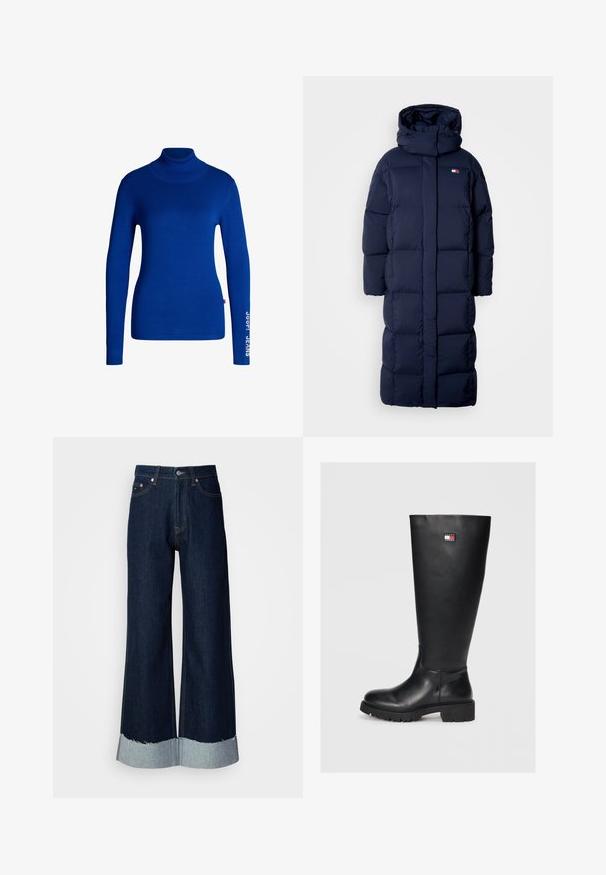 Manteau long bleu marine matelassé avec capuche, dotée d'un design matelassé, d'un col montant et de poches zippées sur les côtés. Texture douce et rembourrée.; Pull col roulé bleu en tissu doux et extensible. Il a des manches longues et le texte "JOOP! JEANS" imprimé en blanc sur la manche droite.; Jean en denim foncé à jambe large avec un ourlet effiloché en denim clair. Présente un style classique à cinq poches et des accessoires en métal à la taille.; Bottes noires montantes en cuir lisse avec une semelle en caoutchouc texturée, dotées d'une petite étiquette logo en rouge, blanc et bleu.